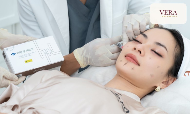 Doctor injecting a client with the product box visible on the tray, an example of checking the product before Botox in Phnom Penh Doctor injecting a client with the product box visible on the tray, an example of checking the product before Botox in Phnom Penh