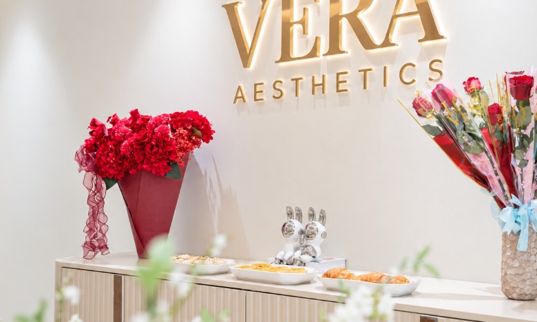 Vera Aesthetics logo wall at the entrance of the Phnom Penh anti-aging clinic